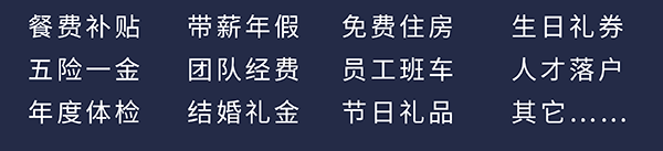 人生就是博员工福利：餐费补贴、五险一金、年度体检、带薪年假、团队经费、结婚礼金、免费住房、员工班车、节日礼品、生日礼券、人才落户、其它……